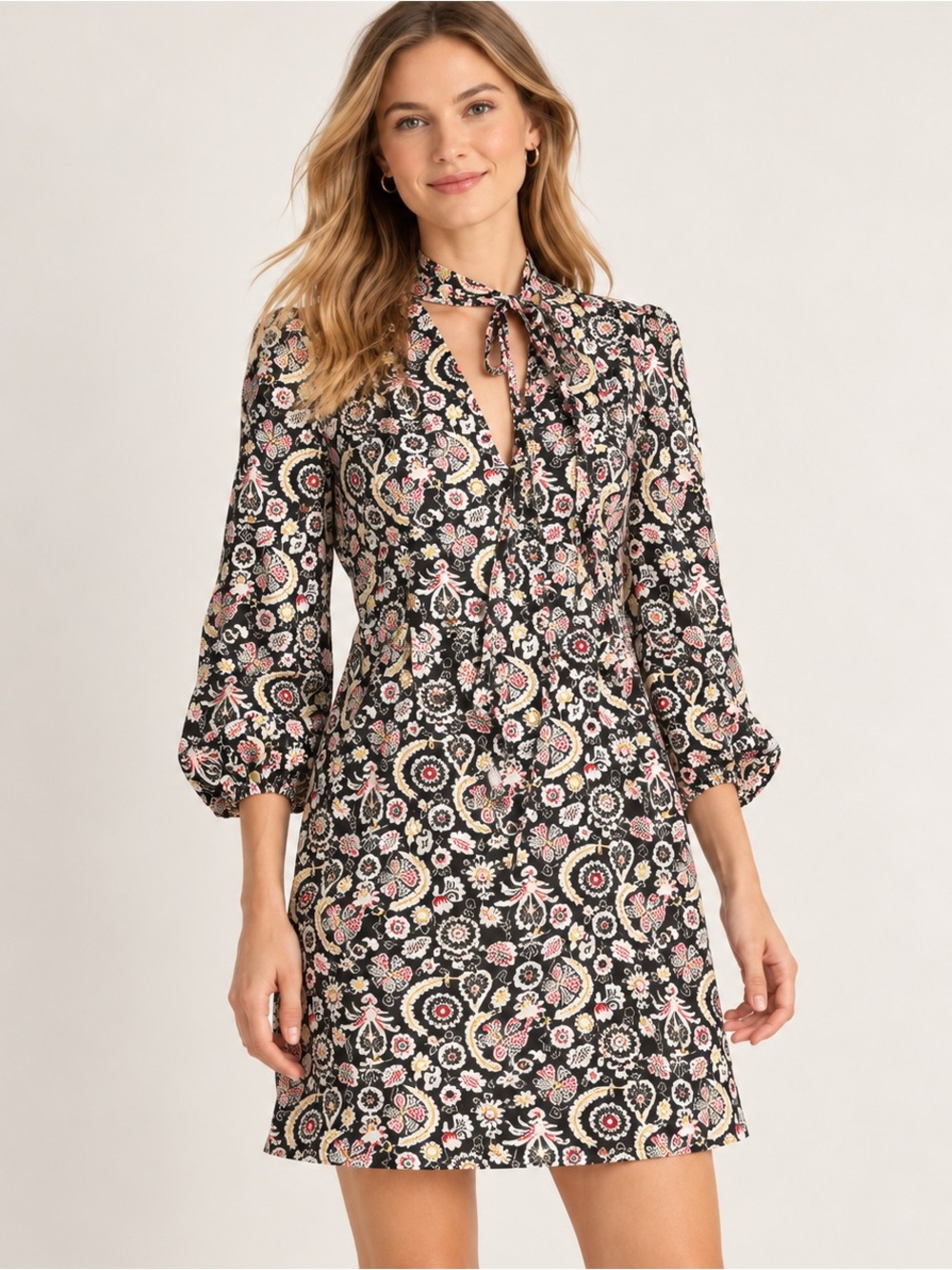 NWT Boden Tie Neck Mini Dress Black Tropic Charm Print Size 4, MSRP $160